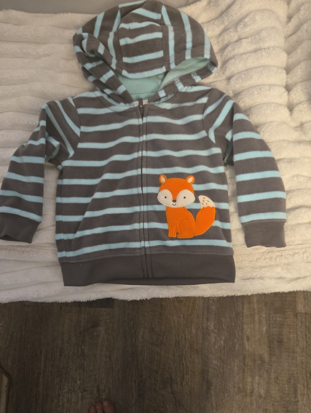 Carter's Gray and Light Blue Striped Hooded Zip-Up with Orange Fox
